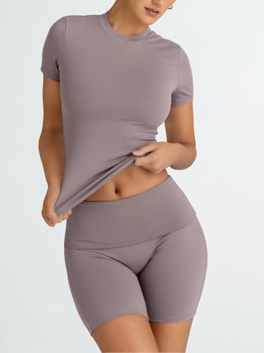 Trendy Queen 2 Piece Summer Cute Workout Sets Gym Short Set Pilates Yoga Outfits Going Out Spring Athletic Comfy Active Wear CoffeeGrey L - Image 3