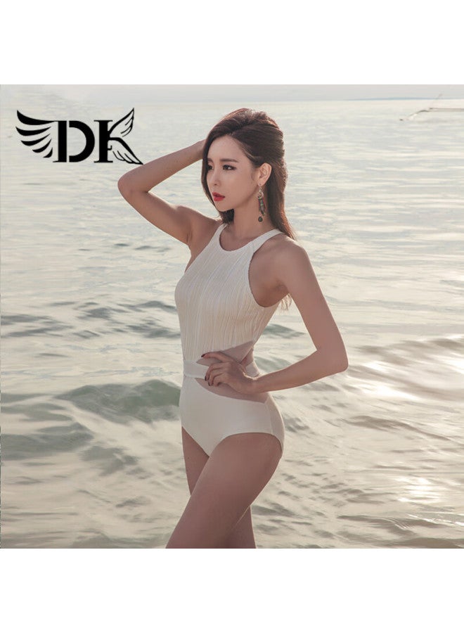 Dk Women's Slimming Swimsuit Covering Belly Conservative One-piece Black And White Small Chest Push-up Hot Spring Swimwear - Image 2
