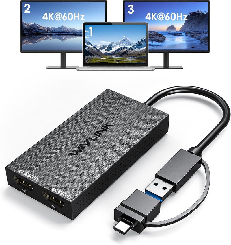 WAVLINK USB 3.0 or USB C to Dual HDMI 4K@60hz Splitter Extended Display for Dual Monitor, Displaylink Adapter Two HDMI 4K 60Hz for Apple Mac M1-M5/Macbook Neo or Windows 10/11,Driver Required - Image 1