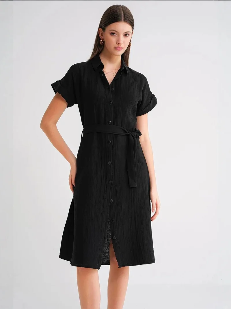 MixRay Black Mixray Relaxed Fit Midi Dress with Shirt Collar and Buttons for Women | Best Price UAE