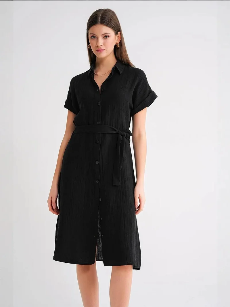 MixRay Black Mixray Relaxed Fit Midi Dress with Shirt Collar and Buttons for Women | Best Price UAE