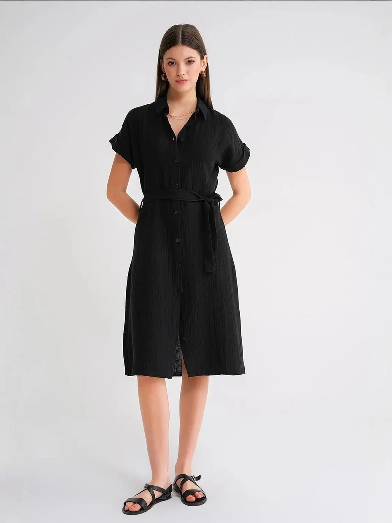 MixRay Black Mixray Relaxed Fit Midi Dress with Shirt Collar and Buttons for Women | Best Price UAE