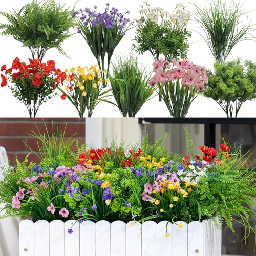 Green Moon 23 Bundles Artificial Plants Outdoor with Colorful Flower, Greenery Shrubs Realistic UV Resistant for Outside Home Planter Porch Patio Yard Decor - Image 1