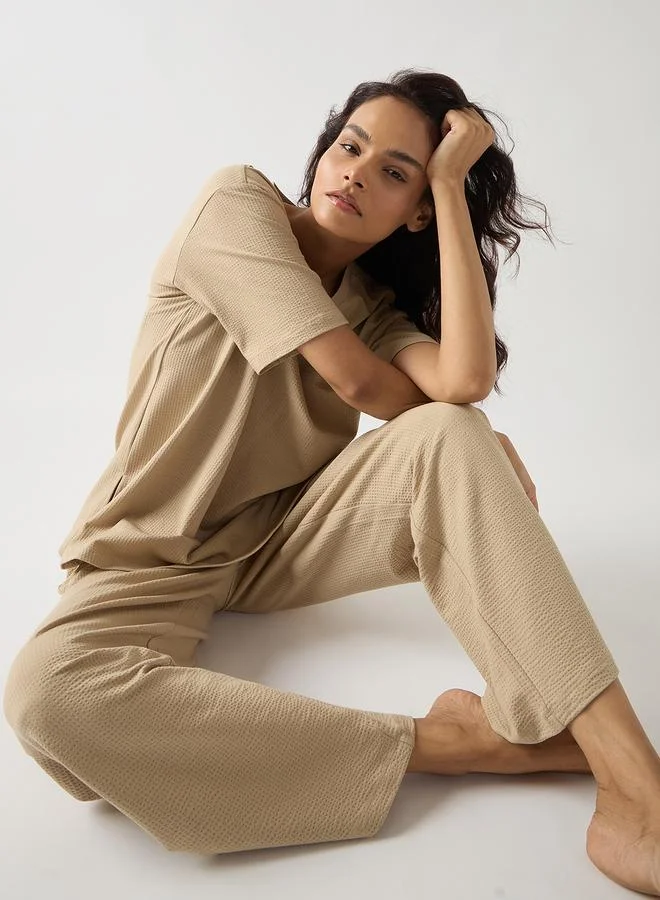 Femmella Beige Cotton Knit Straight Fit Pants