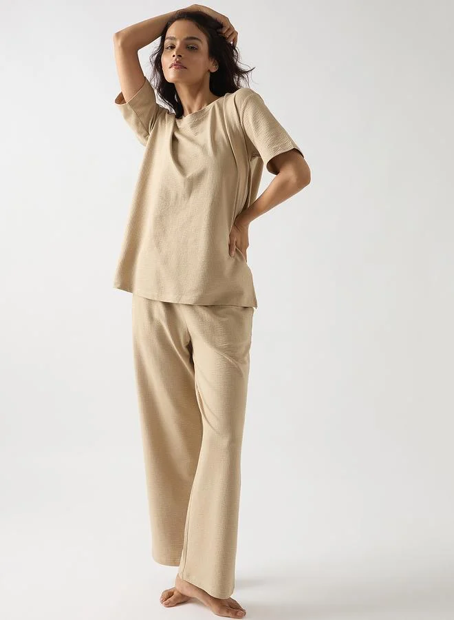 Femmella Beige Cotton Knit Straight Fit Pants