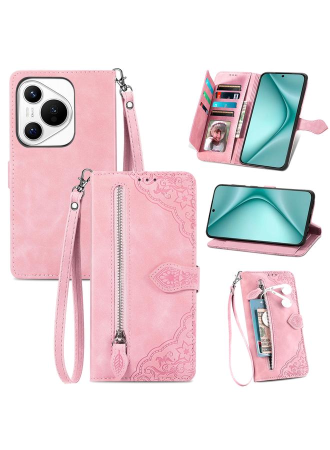 S-TOP Case For Huawei Pura 70 Pro Embossed Flower Zipper Leather Phone Case - Image 1