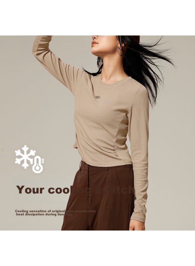 Vfu Quick-dry Women's Yoga Top, Outdoor Sun Protection, Moisture-wicking, Running And Fitness Wear, Autumn Season, Roasted Milk Apricot Color, Size L - Image 1