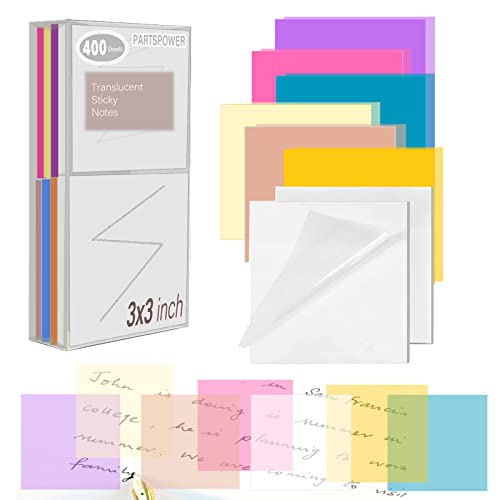PARTSPOWER 400 Sheets Transparent Sticky Notes, 3x3 inch See Through Sticky Notes, Multi-Colors, for Reading Writing Notes Book Markers, Office School Supplies, 50 Sheets/Pad (8 Pads) - Image 1
