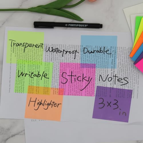 PARTSPOWER 400 Sheets Transparent Sticky Notes, 3x3 inch See Through Sticky Notes, Multi-Colors, for Reading Writing Notes Book Markers, Office School Supplies, 50 Sheets/Pad (8 Pads) - Image 3
