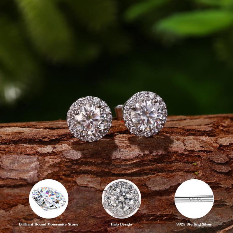 GEMQUEEN Moissanite Halo Earrings Studs : 18K White Gold Plated 925 Sterling Silver Earrings for Women Men Hypoallergenic Dainty Stud Earring Jewelry Trendy Round Cut D Color VVS1 Clarity 2CT - Image 2
