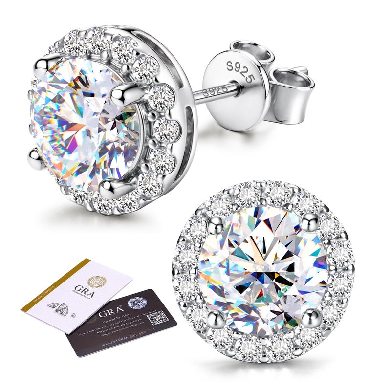 GEMQUEEN Moissanite Halo Earrings Studs : 18K White Gold Plated 925 Sterling Silver Earrings for Women Men Hypoallergenic Dainty Stud Earring Jewelry Trendy Round Cut D Color VVS1 Clarity 2CT - Image 1