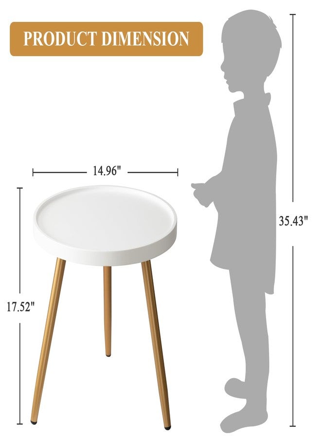 danpinera Small Round Side Table, Mini White Table with Wooden Tray & Metal Legged, Gold Side Table for Small Space, Living Room, Bedroom, Nursery, 14.96" D x 14.96" W x 17.52" H, White & Gold - Image 4
