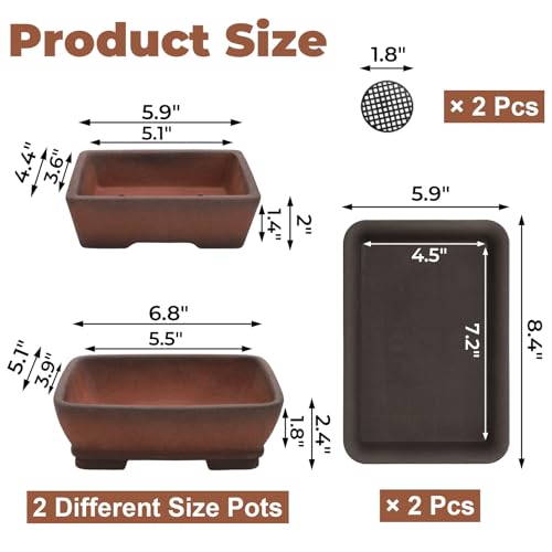 ELFULLY 2 Pack Ceramic Bonsai Pots with Drainage Tray, 6" and 7" Unglazed Rectangle Bonsai Tree Planters, Bonsai Training Pots, Succulent Cactus Planter with Drainage Hole for Outdoor Indoor, Brown - Image 2