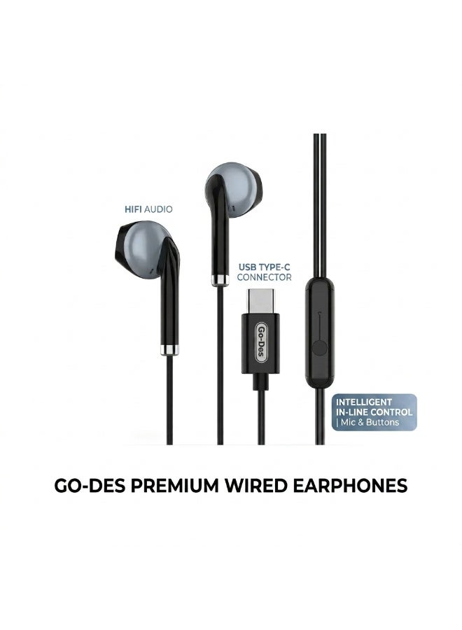 Go-Des Type-C Wired Earphones with Built-In Mic, HiFi Stereo Sound In-Ear Headphones with In-Line Volume Control for Type-C Smartphones, Tablets & Laptops - Black - Image 3