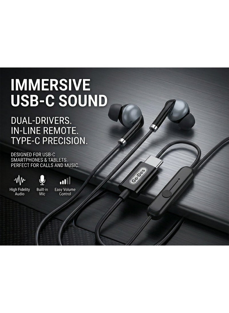 Go-Des Type-C Wired Earphones with Built-In Mic, HiFi Stereo Sound In-Ear Headphones with In-Line Volume Control for Type-C Smartphones, Tablets & Laptops - Black - Image 5