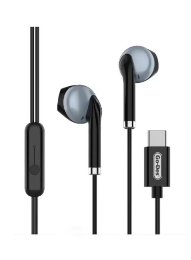 Go-Des Type-C Wired Earphones with Built-In Mic, HiFi Stereo Sound In-Ear Headphones with In-Line Volume Control for Type-C Smartphones, Tablets & Laptops - Black - Image 2