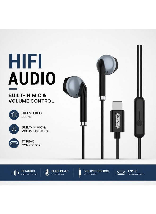 Go-Des Type-C Wired Earphones with Built-In Mic, HiFi Stereo Sound In-Ear Headphones with In-Line Volume Control for Type-C Smartphones, Tablets & Laptops - Black - Image 4