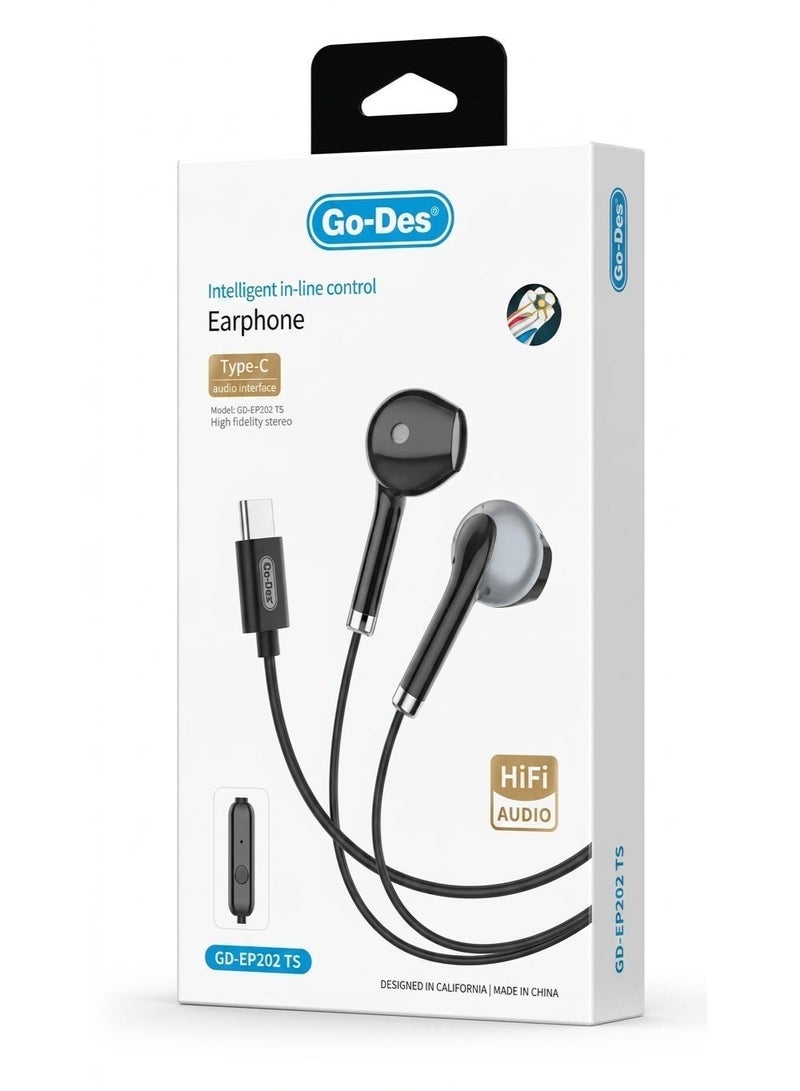 Go-Des Type-C Wired Earphones with Built-In Mic, HiFi Stereo Sound In-Ear Headphones with In-Line Volume Control for Type-C Smartphones, Tablets & Laptops - Black - Image 1