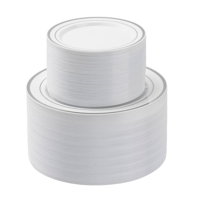 200PCS SILVER PLASTIC PLATES SET 100 1025 INCH DINNER PLATES AND 100 75 INCH DESSERT PLATES PREMIUM DISPOSABLE PLATES FOR PARTY WEDDING