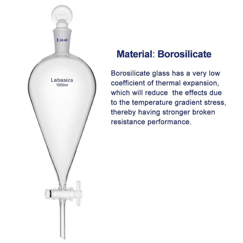 Labasics Borosilicate Glass 1000ml Conical Separatory Funnel with PTFE Stopcock, 1000mL - Image 4