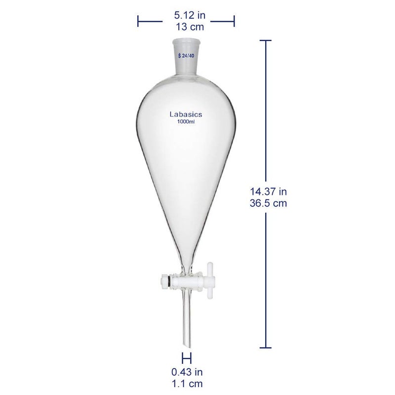 Labasics Borosilicate Glass 1000ml Conical Separatory Funnel with PTFE Stopcock, 1000mL - Image 2