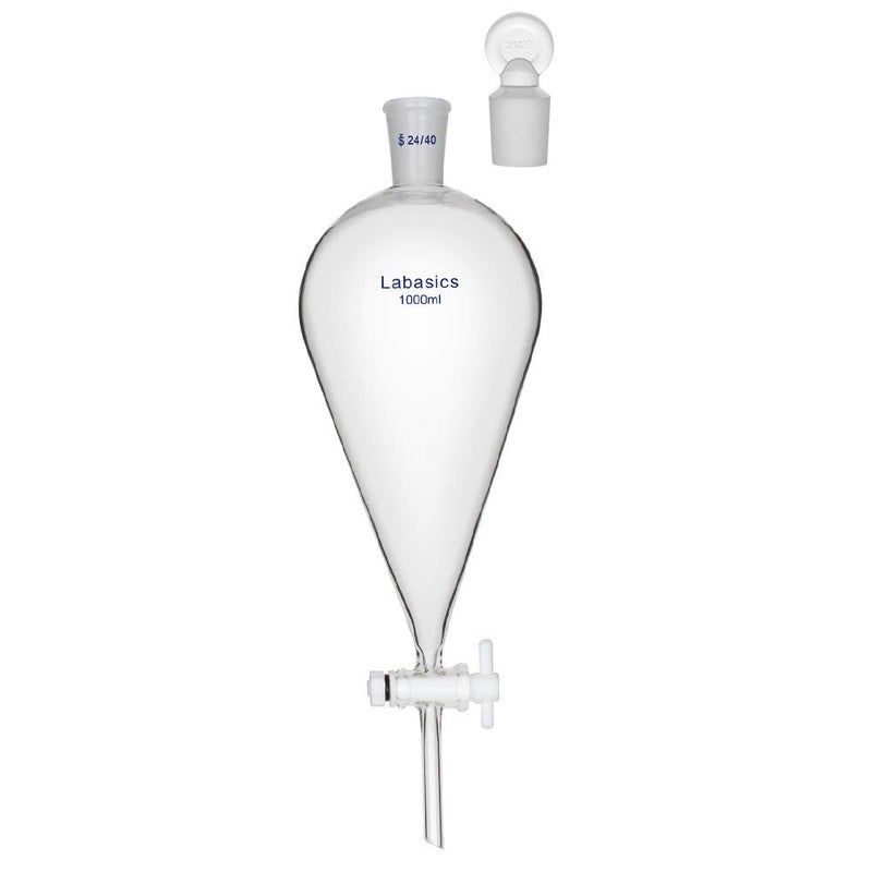 Labasics Borosilicate Glass 1000ml Conical Separatory Funnel with PTFE Stopcock, 1000mL - Image 1