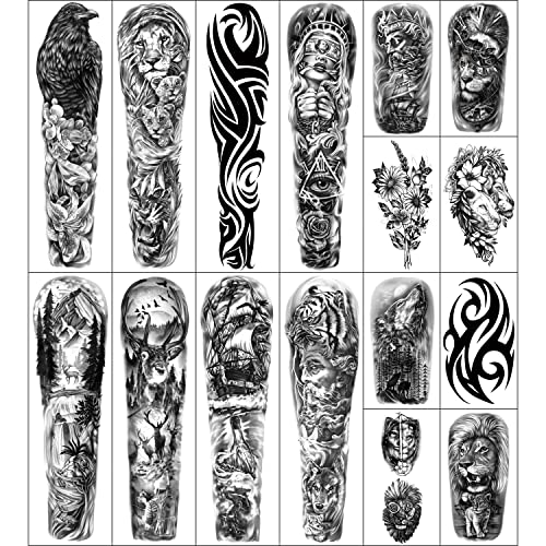 Metuu 46 Sheets Full Arm Temporary Tattoos Waterproof For Men(L22.8“xW7”), Fake Tattoos for Women Lion Tiger Clock Flower Skeleton Animals Design, Hand Forearm Shoulder 3D Tattoos for Halloween - Image 2