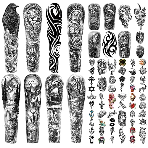 Metuu 46 Sheets Full Arm Temporary Tattoos Waterproof For Men(L22.8“xW7”), Fake Tattoos for Women Lion Tiger Clock Flower Skeleton Animals Design, Hand Forearm Shoulder 3D Tattoos for Halloween - Image 1