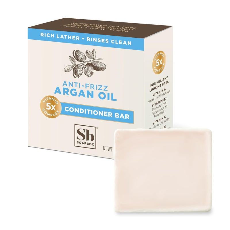 Soapbox Hair Conditioner Bar with Argan Oil to Soften Dry, Damaged Hair and Tame Frizz - 2oz Solid Conditioner, Low Plastic, Vegan, Sulfate Free, Paraben Free