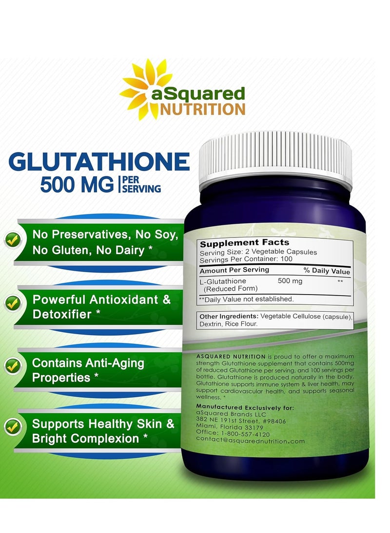 aSquared Nutrition Glutathione 500mg Per Serving Supplement Support Liver Health & Detox 200 Capsules 100 Servings - Image 2