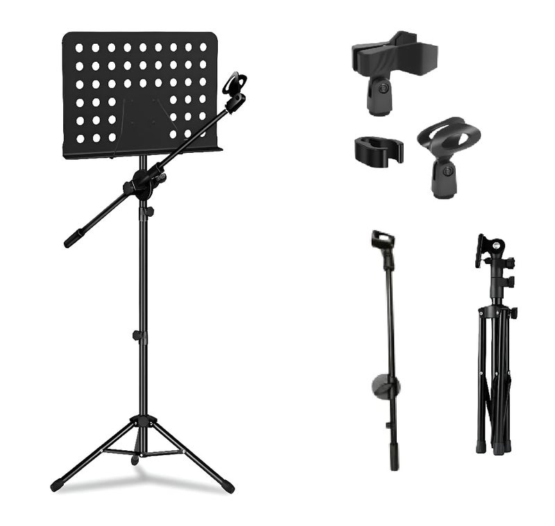 Powerpak MS-25 5ft Music mic Stand with Boom Arm, Height & Angle Adjustable Orchestral, Conductor Sheet Stand and Music Sheet for Musicians - Image 1