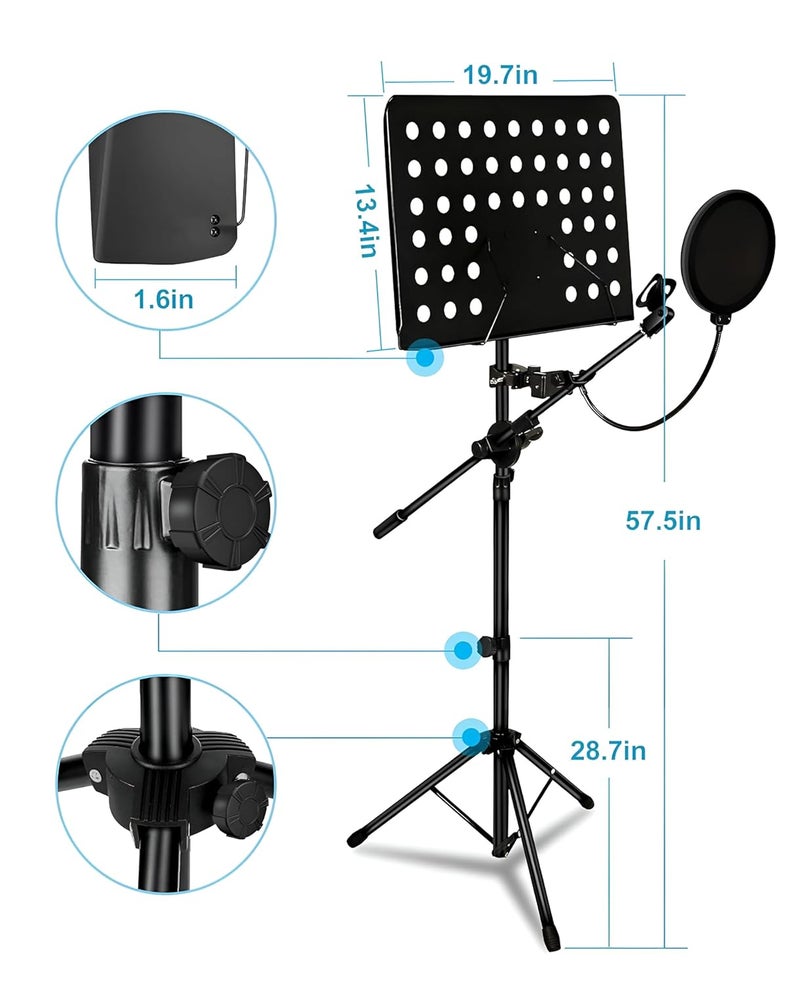 Powerpak MS-25 5ft Music mic Stand with Boom Arm, Height & Angle Adjustable Orchestral, Conductor Sheet Stand and Music Sheet for Musicians - Image 3