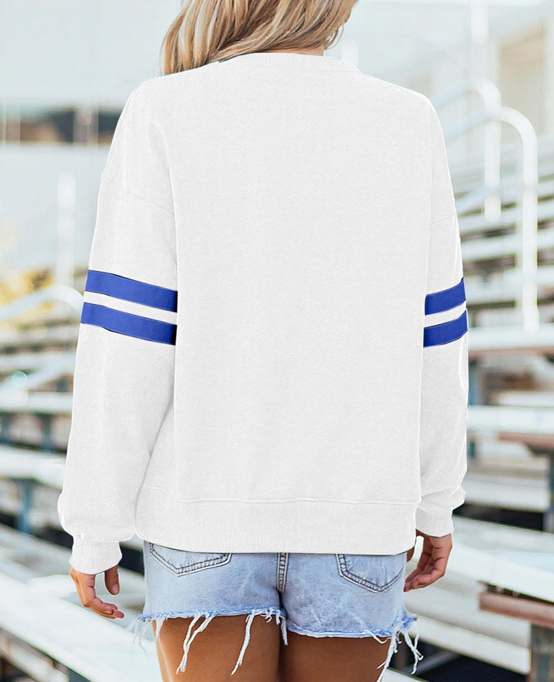 SELINK Womens Varsity Striped Oversized Sweatshirt Crewneck Long Sleeve Casual Fashion Pullover Top Fall Outfits White-L - Image 3