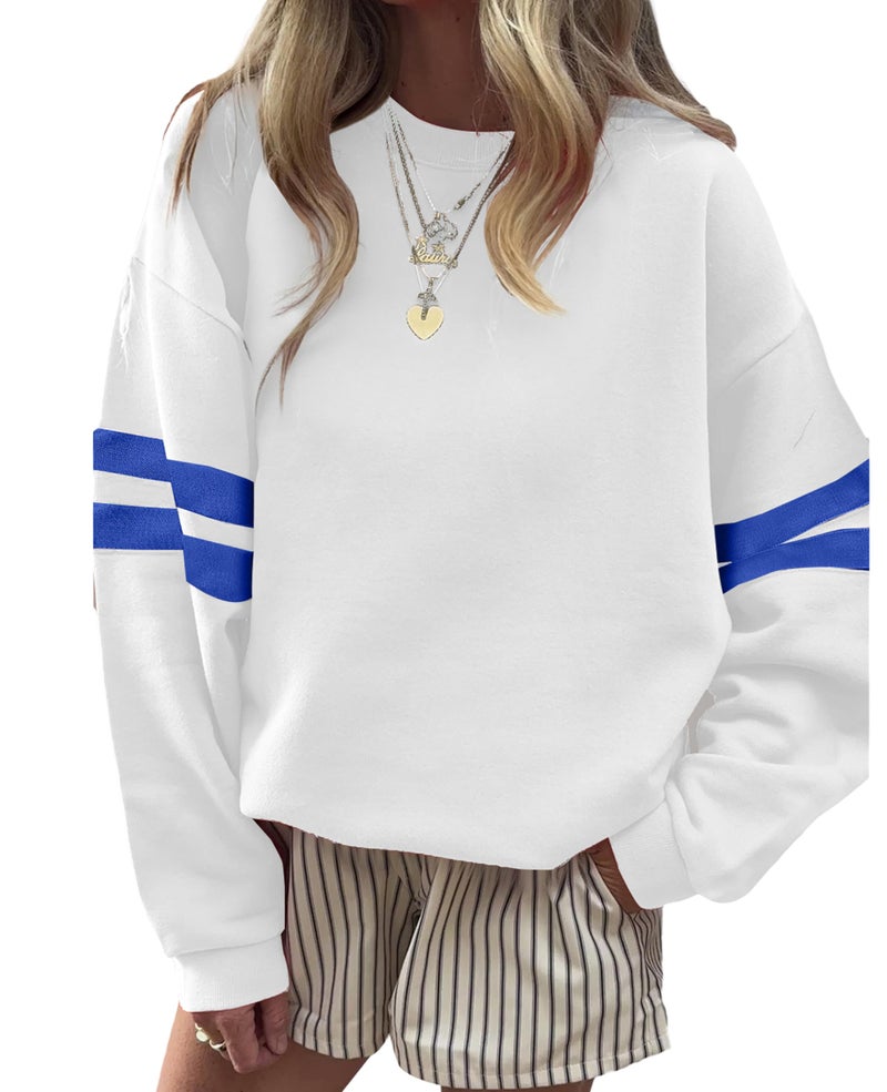 SELINK Womens Varsity Striped Oversized Sweatshirt Crewneck Long Sleeve Casual Fashion Pullover Top Fall Outfits White-L - Image 1
