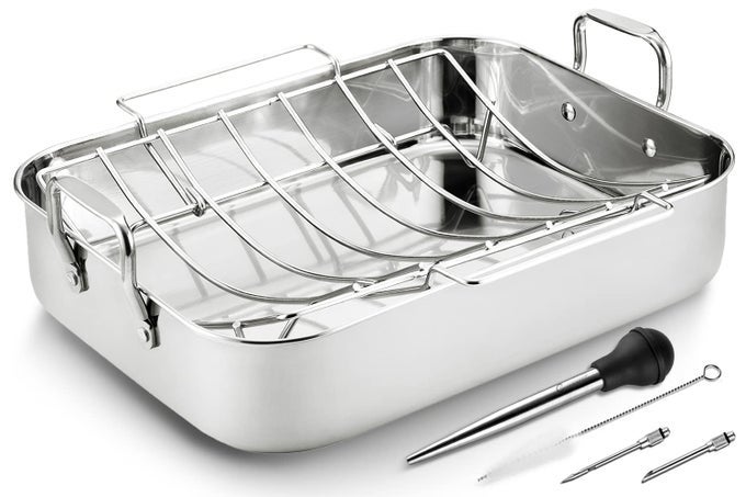 ROASTING PAN WITH BAKING RACK 165 INCH STAINLESS STEEL TURKEY ROASTER WITH RACK BASTER GREAT FOR TURKEY CHICKEN HAM VEGETABLES