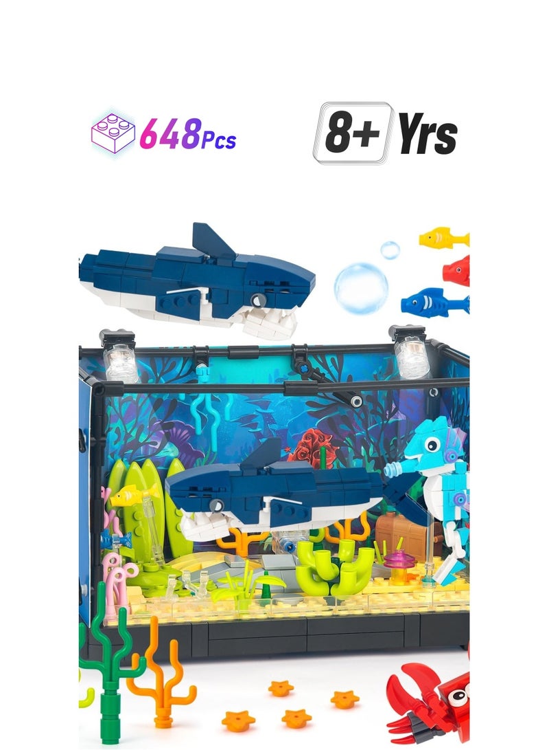 Fish Tank Building Set, Creative Fish Aquarium with Shark, Collectible DIY Toy for Adults, Boys, and Girls Ages 8+, Includes Light, 648PCS. - Image 1