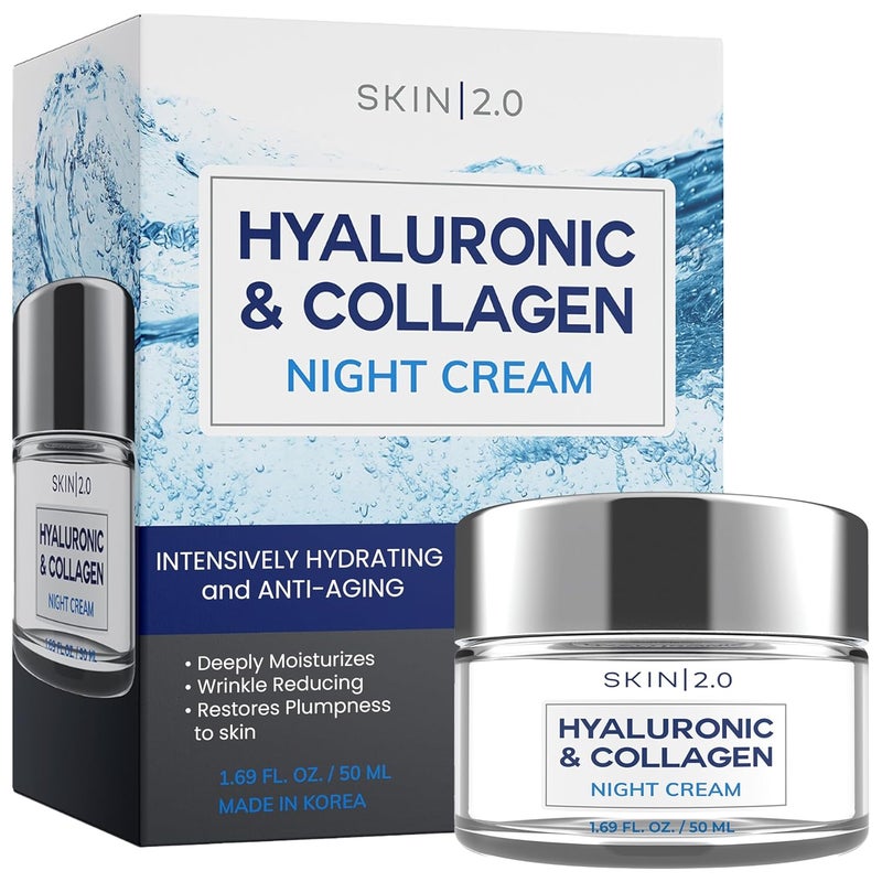 Skin 2.0 مرطب الوجه الكوري بحمض الهيالورونيك والكولاجين - مختبر من قبل أطباء الجلد، مرطب فائق، مضاد للشيخوخة، جمال نظيف، خالي من القسوة، للعناية بالبشرة الكورية لجميع أنواع البشرة - 1.69 أونصة سائلة