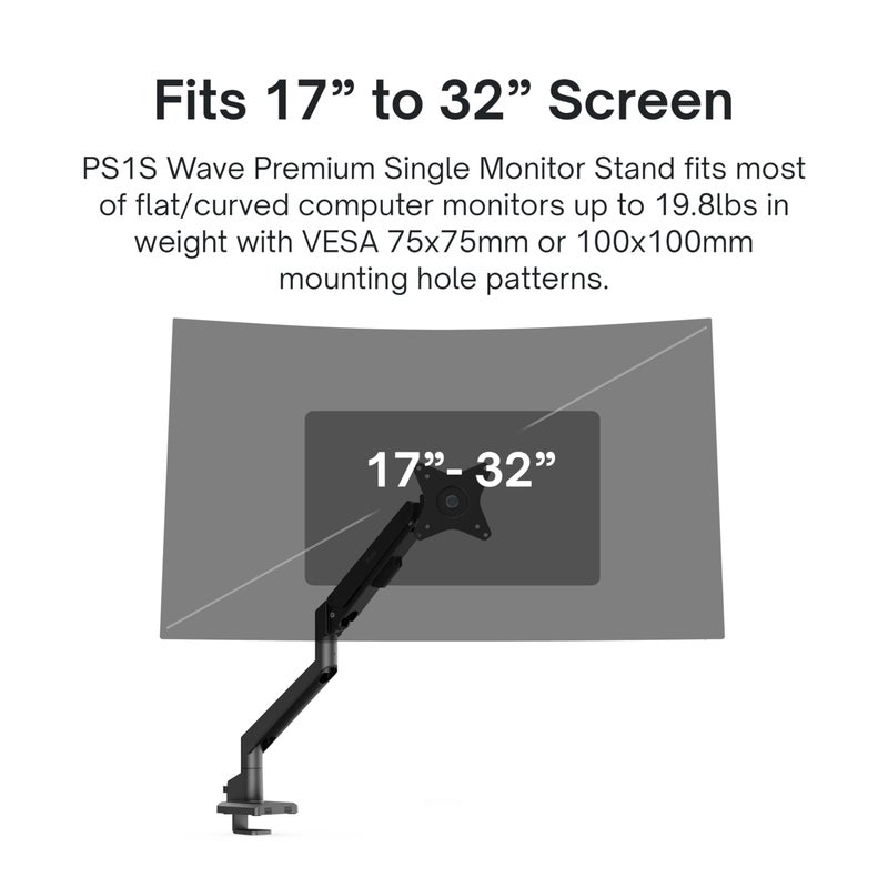 Pixio PS1S Wave Black Single Monitor Arm Stand Desk Mount - Fits up to 32 inches Monitors and up to 19.8lbs. VESA Compatibility and Integrated Cable Management - Image 2