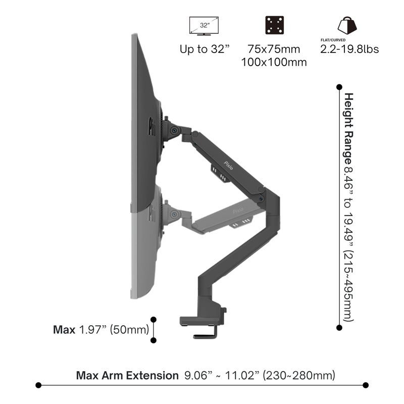 Pixio PS1S Wave Black Single Monitor Arm Stand Desk Mount - Fits up to 32 inches Monitors and up to 19.8lbs. VESA Compatibility and Integrated Cable Management - Image 4