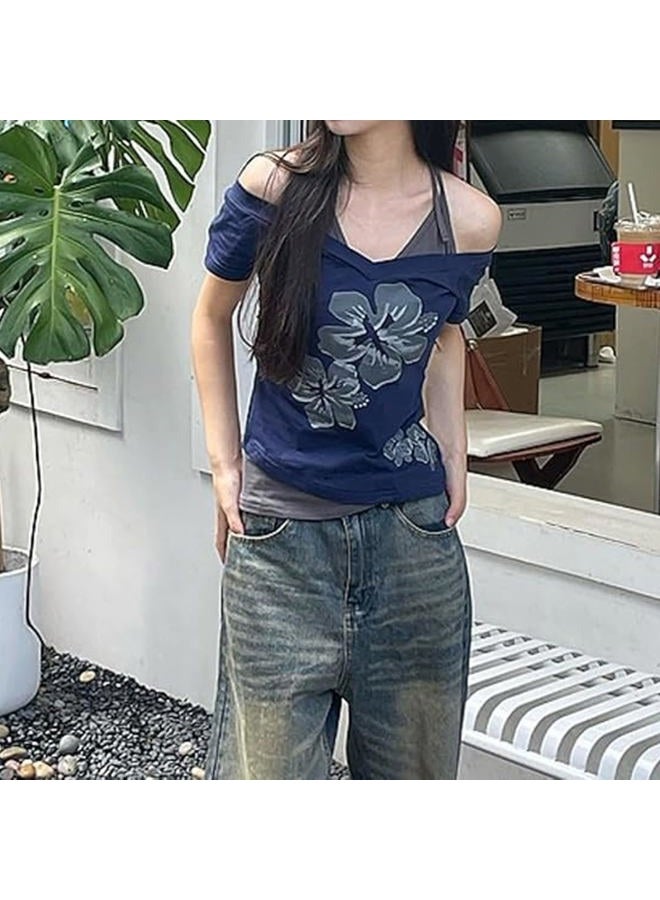 MANGMAO Emo Grunge Shirts Women 2000s Graphic Baby Tees Fake Two Piece Short Sleeve Vintage Y2k Crop Top Goth Alt Clothes, Black Red, S - Image 5