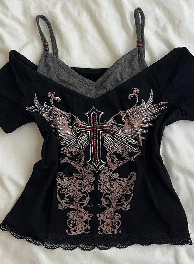 MANGMAO Emo Grunge Shirts Women 2000s Graphic Baby Tees Fake Two Piece Short Sleeve Vintage Y2k Crop Top Goth Alt Clothes, Black Red, S - Image 3
