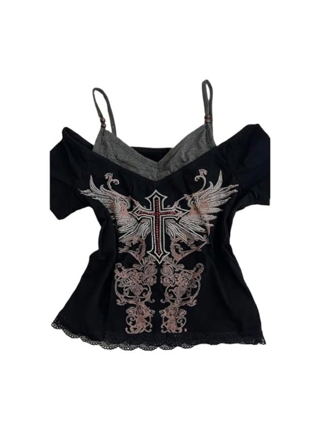 MANGMAO Emo Grunge Shirts Women 2000s Graphic Baby Tees Fake Two Piece Short Sleeve Vintage Y2k Crop Top Goth Alt Clothes, Black Red, S - Image 1