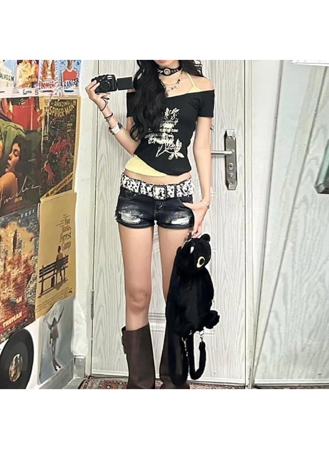 MANGMAO Emo Grunge Shirts Women 2000s Graphic Baby Tees Fake Two Piece Short Sleeve Vintage Y2k Crop Top Goth Alt Clothes, Black Red, S - Image 4