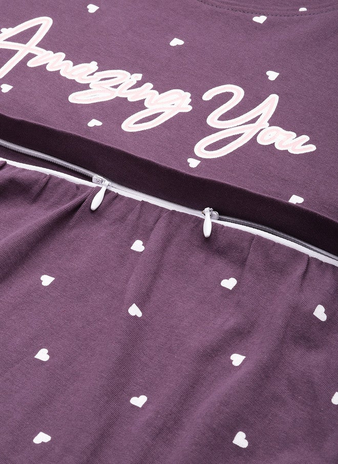 Zeyo Women Purple & White Conversational Printed Cotton Maternity Pyjama Set - Image 2