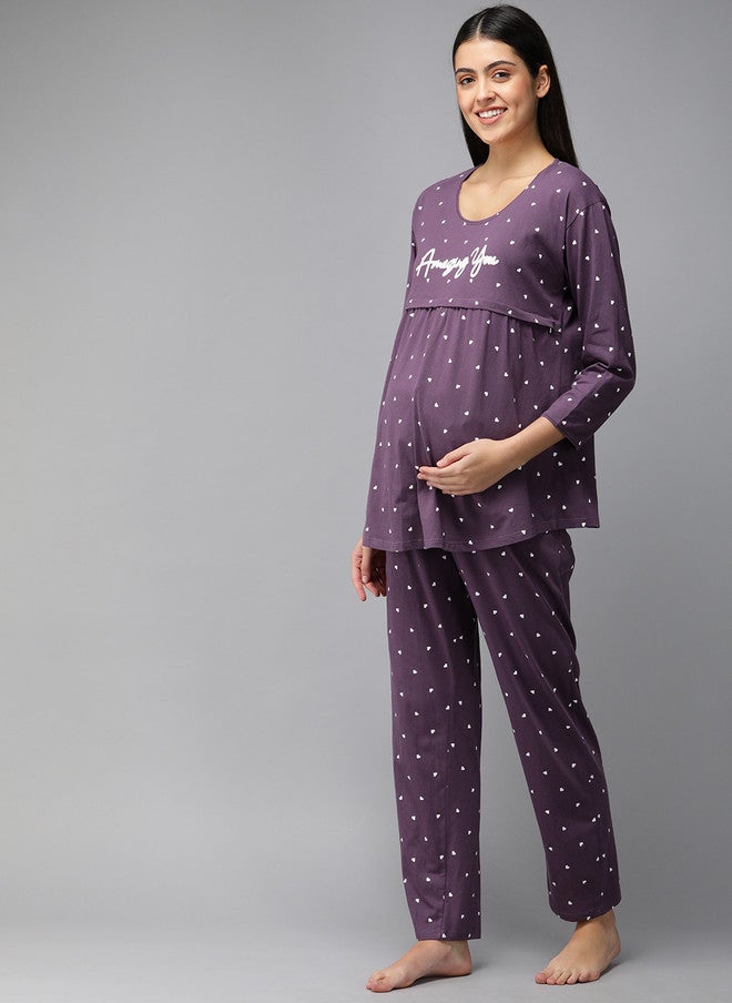 Zeyo Women Purple & White Conversational Printed Cotton Maternity Pyjama Set - Image 3