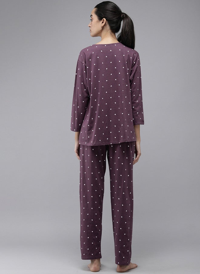 Zeyo Women Purple & White Conversational Printed Cotton Maternity Pyjama Set - Image 4