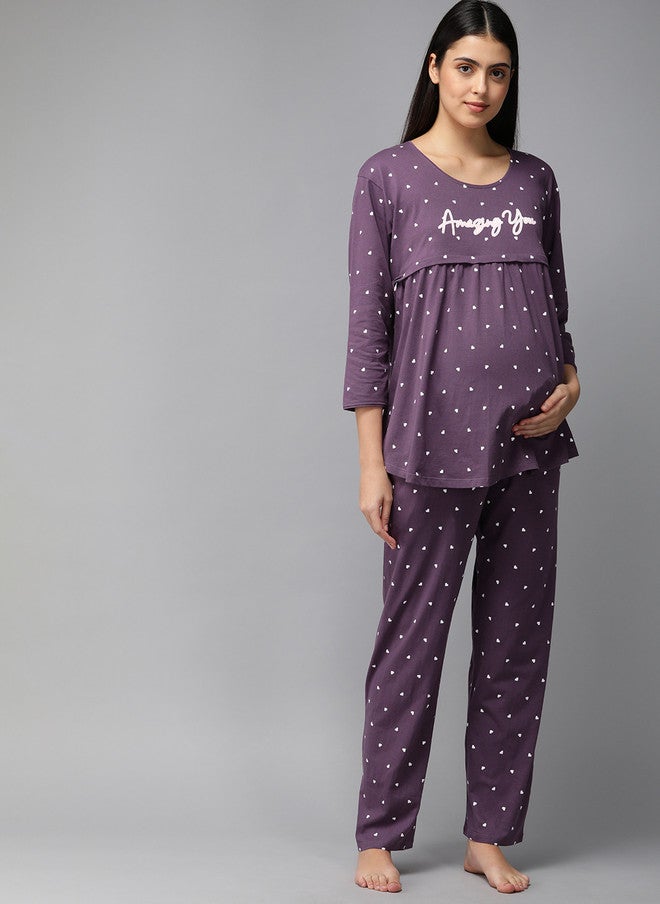 Zeyo Women Purple & White Conversational Printed Cotton Maternity Pyjama Set - Image 5