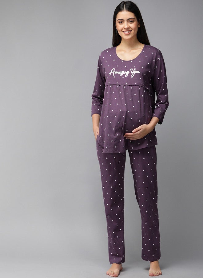 Zeyo Women Purple & White Conversational Printed Cotton Maternity Pyjama Set - Image 1