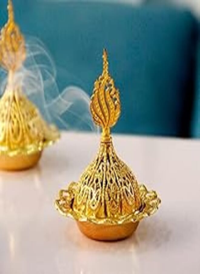 Gold Eid Incense Burner Vintage Arabic Style Metal Incense Burner Aromatherapy Incense Holder Candle Holder for Islamic Ramadan Mubarak Eid Decorations (2)