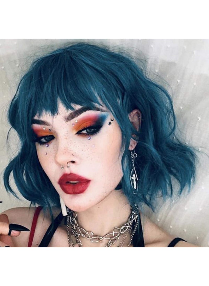 Rose bud Rose bud Wavy Bob Wig with Bangs Natural Blue Wig Synthetic Hair Shoulder Length Short Curly Wigs for Women 